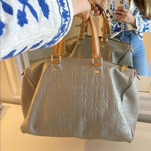 Carolina Herrera Metallic Silver Monogram Embossed Leather Andy Boston Bag